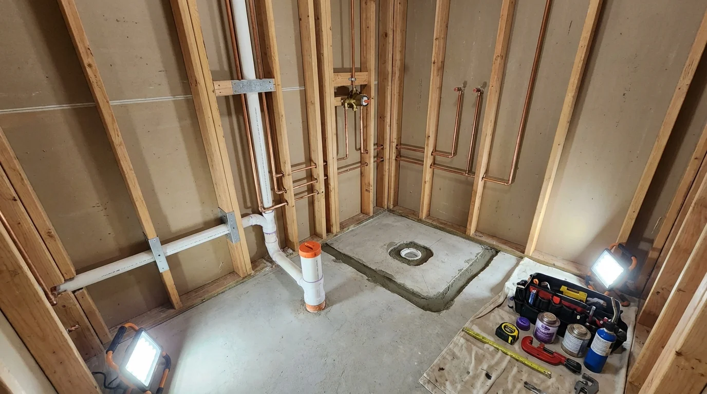 Bathroom rough-in plumbing during remodel by Johns Plumbing LLC in Ross