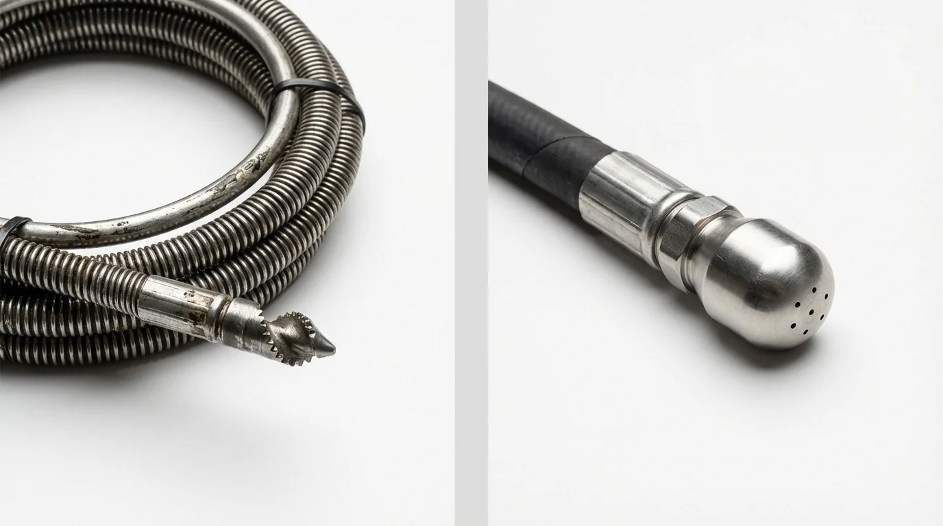 Drain snake cable and hydro jetting nozzle used for drain cleaning in Ross, CA
