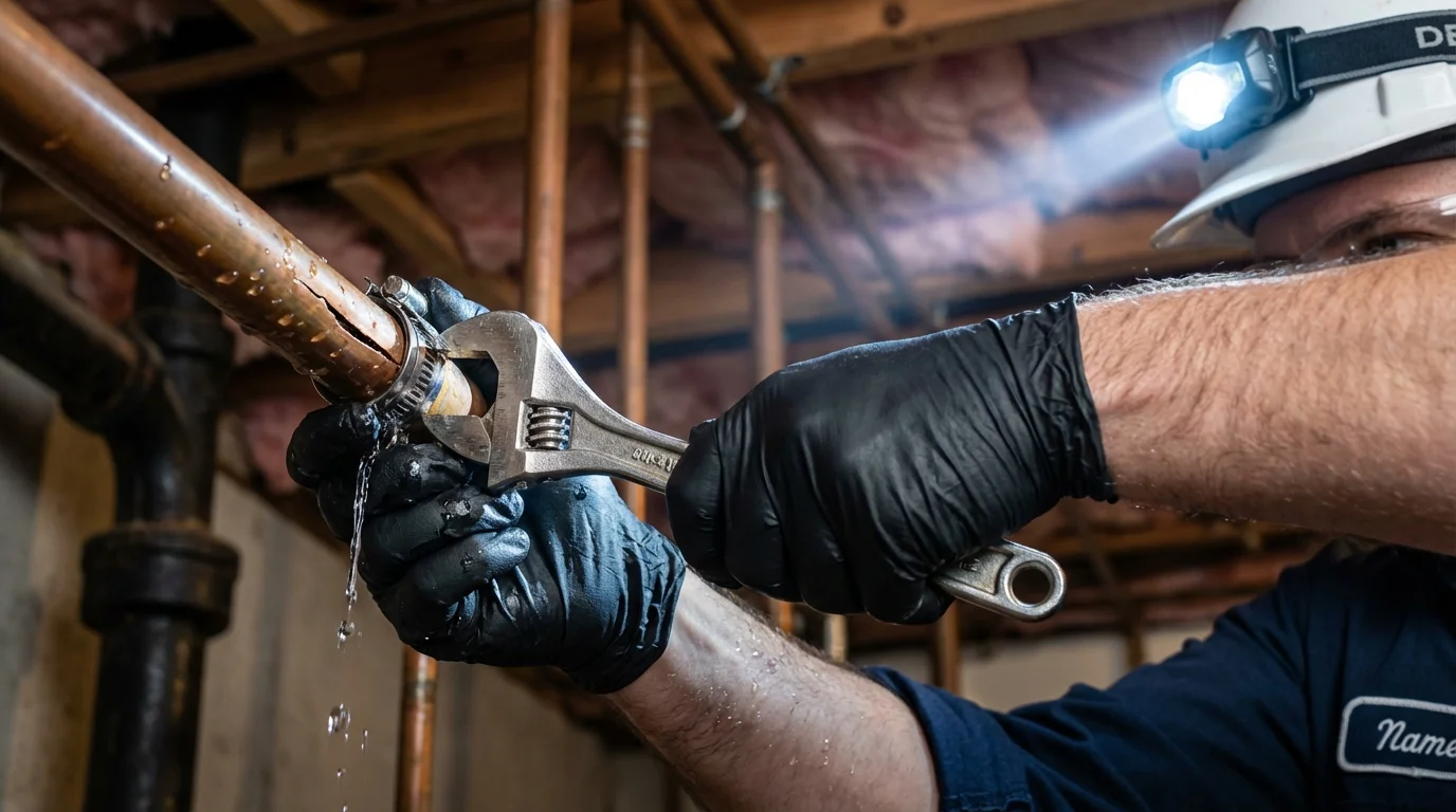 Emergency pipe clamp repair being performed by a Johns Plumbing LLC plumber in Ross