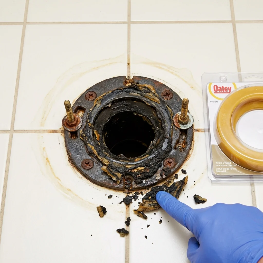 Failed wax ring showing water seepage at the base of a toilet in a Ross, CA home
