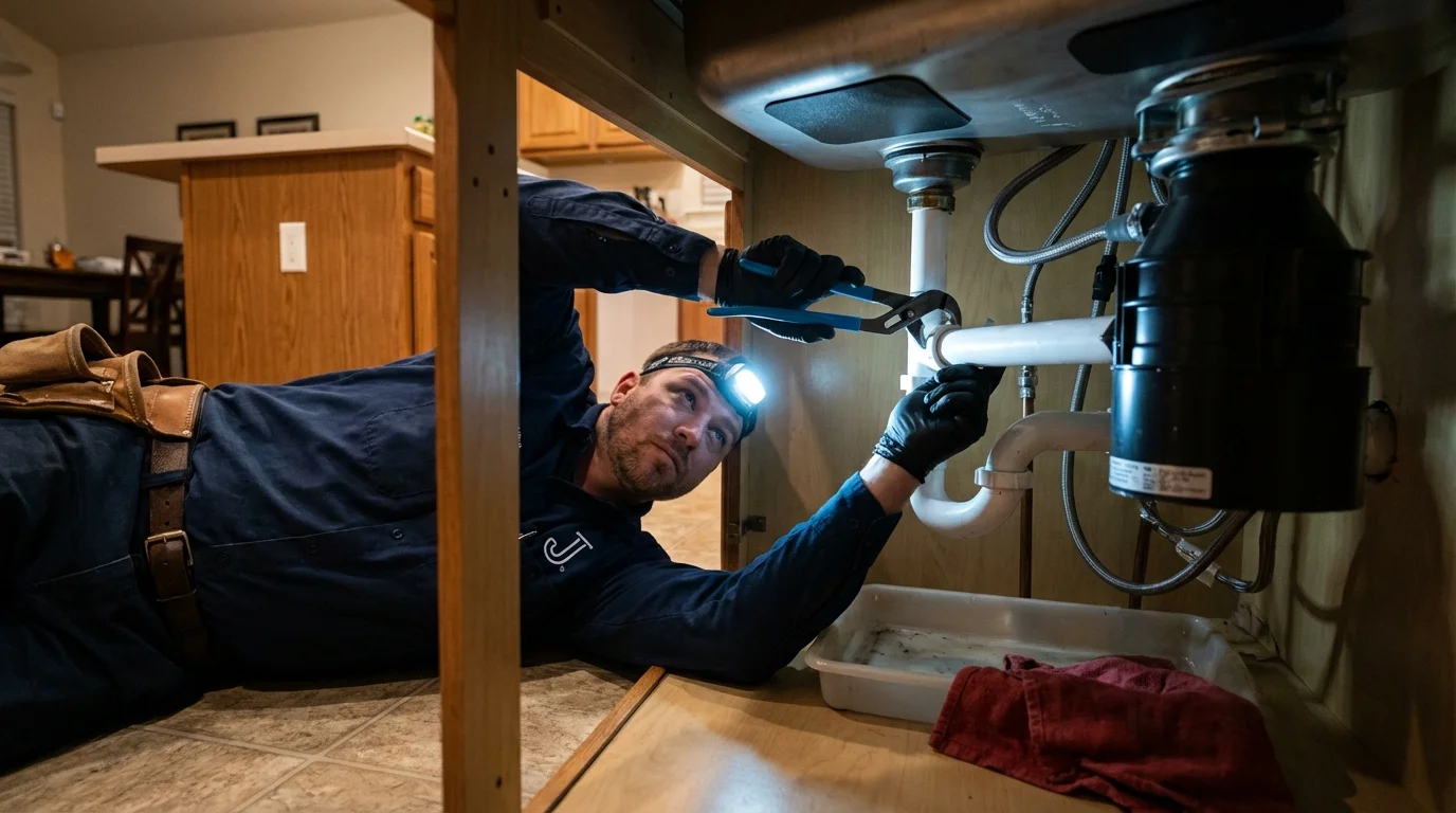 P-trap and supply line connections under a kitchen sink showing a common leak point in Ross, CA
